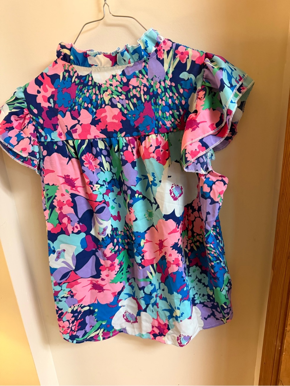 Girls' Floral Ruffle Sleeve Top - Pink & Blue